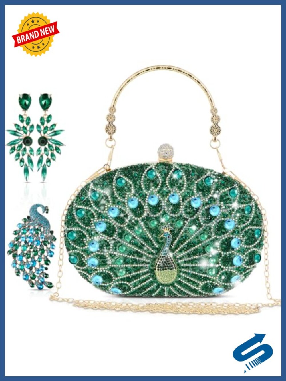 Rhinestone Peacock Evening Clutch Set with Earrings & Brooch